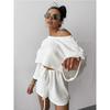Womens 2026 Loose Comfortable Long Sleeve Top Shorts Set Pure Color Casual Lounge Wear