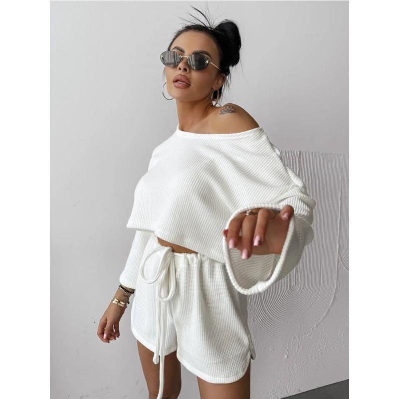 Womens 2026 Loose Comfortable Long Sleeve Top Shorts Set Pure Color Casual Lounge Wear