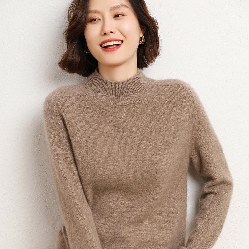 Women's 100% Wool Thickened Saddle Shoulder Sweater – Soft and Warm Half-High Neck Knitwear for Autumn and Winter