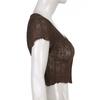 Women Retro Perspective V-neck Hollowed Cardigan T-shirt Tops Fashion Agaric Edge Short  Bare Navel Top