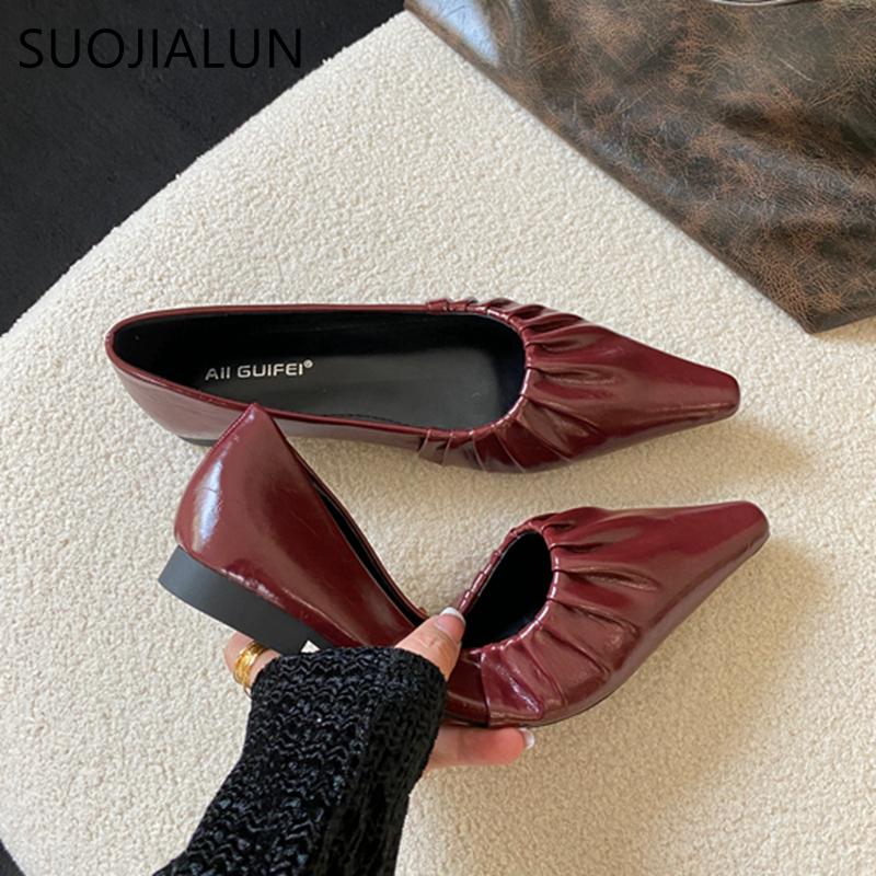 Fashion SUOJIALUN 2024 Spring New Women Flat Shoes Fashion Pleated Pointed Toe Ladies Ballerinas Shoes Flat Heel Shallow Slip On Ballet