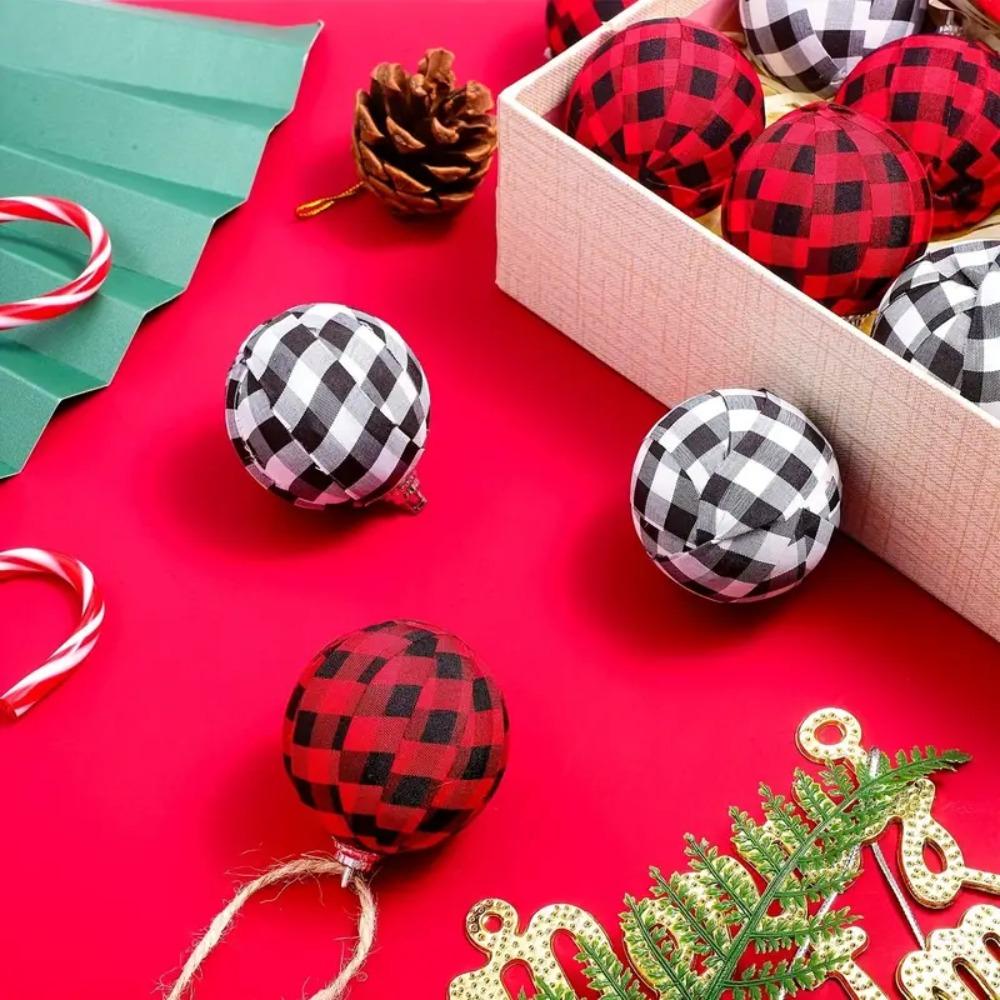 6pcs/bag Vintage Plaid Fabric Ball Hanging Christmas Tree Decorations  Holiday Party