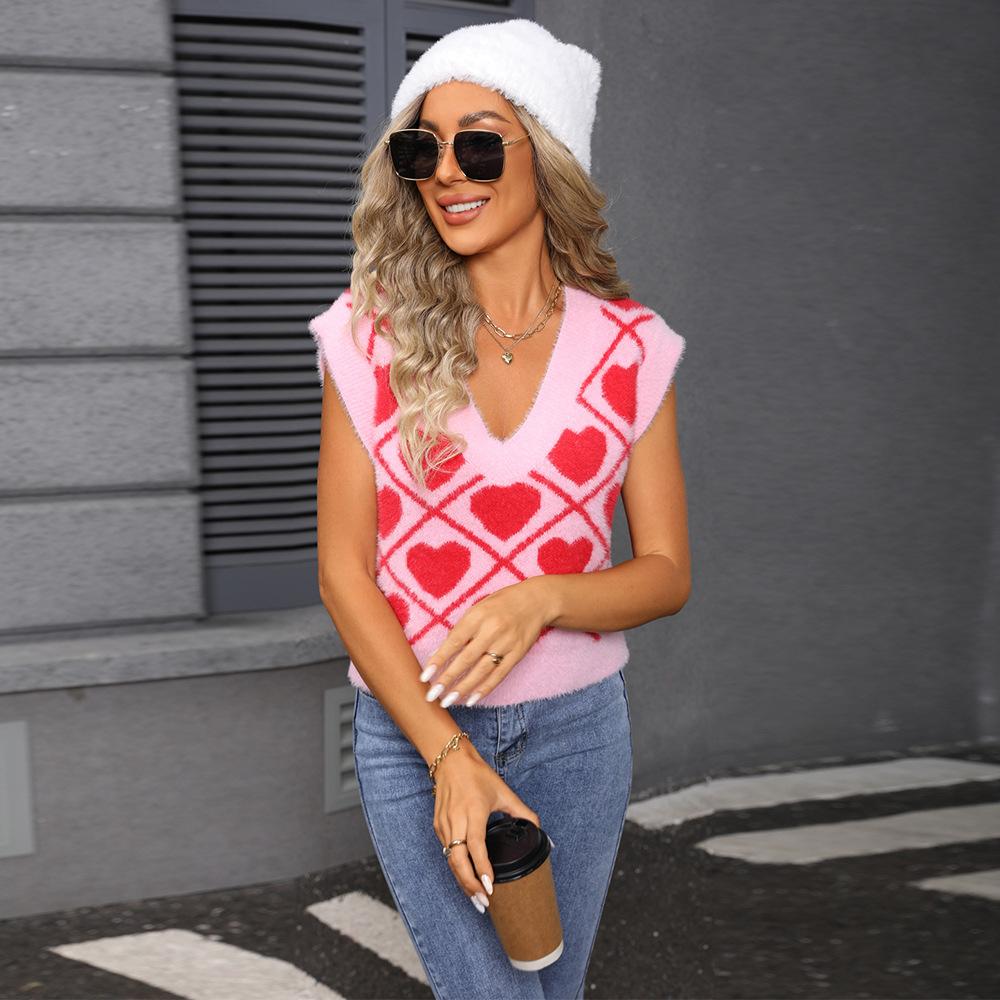 

Новый осенне-зимний женский короткий свитер-жилет с V-образным вырезом и логотипом на День святого Валентина S розовый