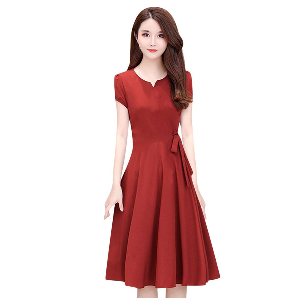Women Girls Solid  Short Sleeve A-Line Dress Casual Summer Dress Clothes