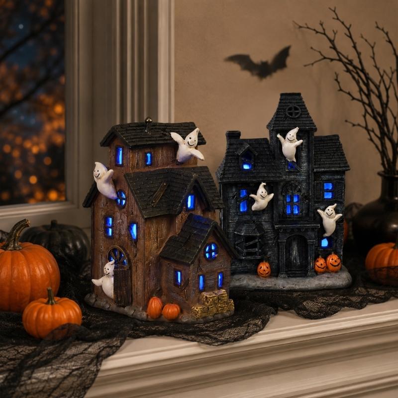 Halloween Light-Up House Ornament, Resin Building with White Figures and Gourd Motifs for Seasonal Display Scenes