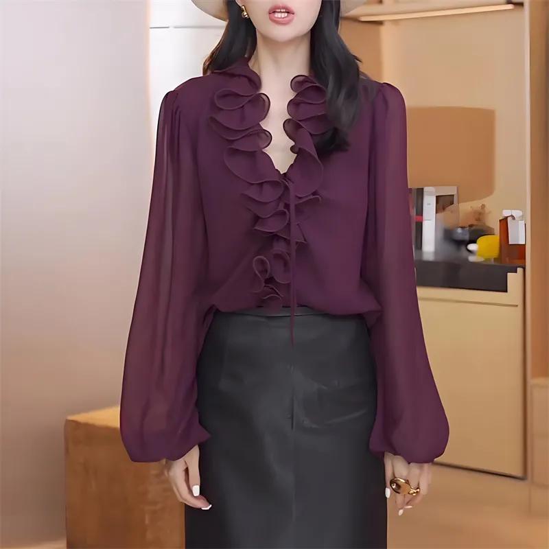 

Women s Peach Chiffon Blouse Long Sleeve Ruffle V-Neck Casual Top L