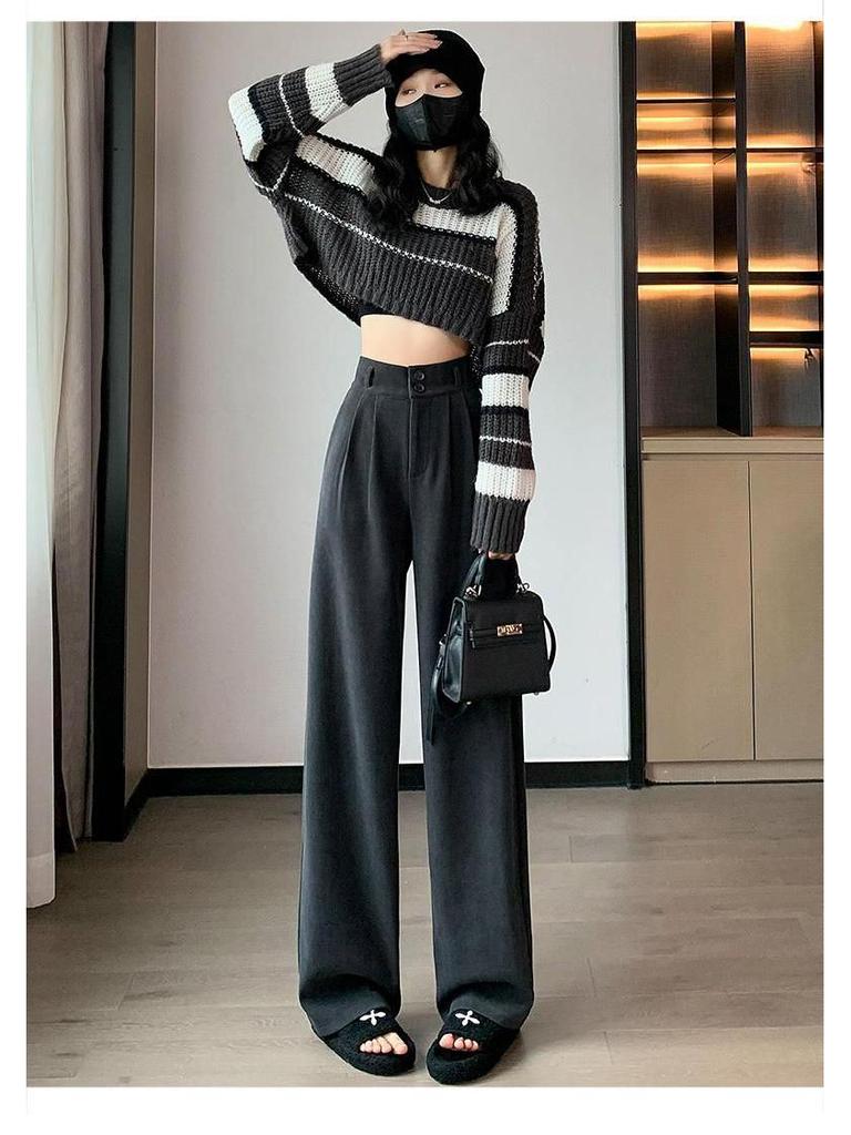 Women's Black High-Waist Cotton Plush Pants - Autumn/Winter 2026 Korean Style, Slim Straight Wide-Leg, Drapey.