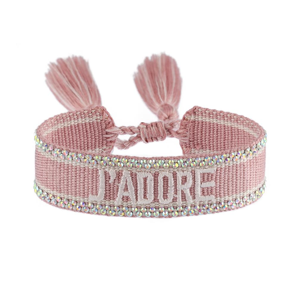 Rhinestone Embroidery Woven Bracelets Adjustable Rope Stackable Bangle For Women