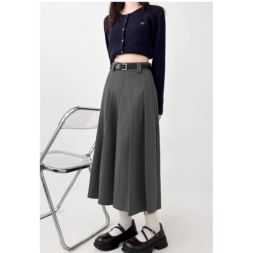 Gray Woolen Pleated Midi Skirt for Plus-Size Women - High-Waist Autumn Design