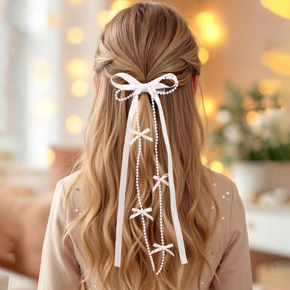 2Pcs White Satin Bow Hair Clips With Pearl Chains Elegant Long Ribbon Hairpins Sweet Romantic Hair Accessories For Girls Women