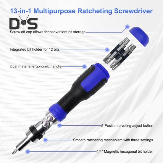 Ratchet Screwdriver with Non-Slip Handle High Strength 180-Degree Pivoting Adjustable Angle 13-in-1 Multi-functional Screwdriver