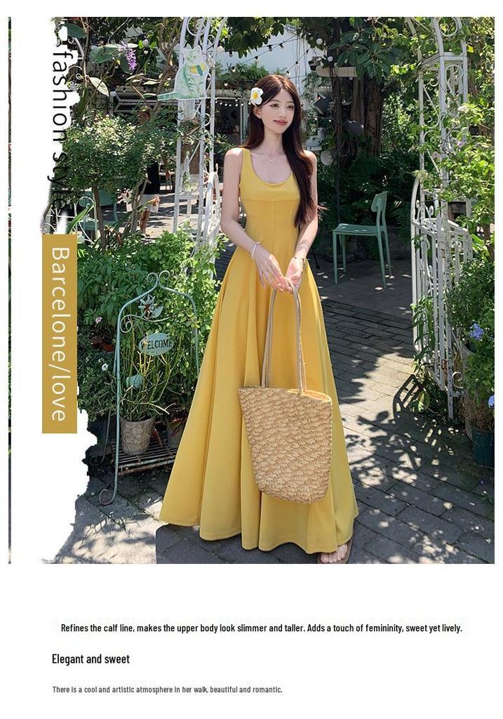 Yellow Retro French A-line Summer Dress with Square Neck and Spaghetti Straps Plus Size