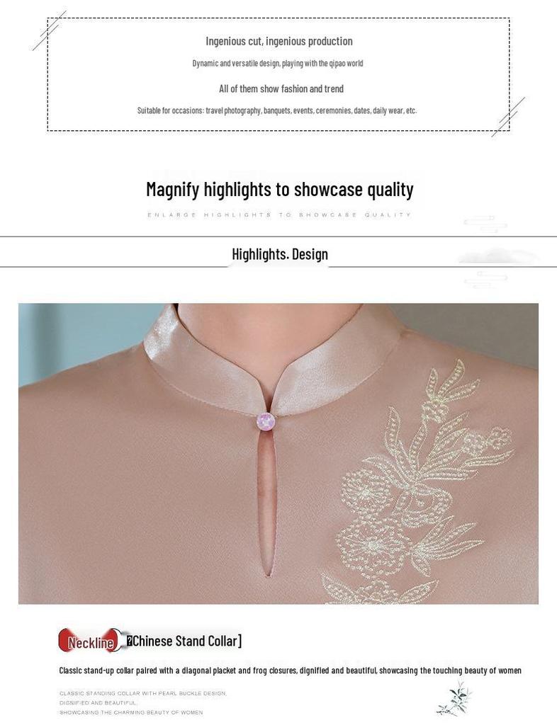 Elegant Pink Embroidered Cheongsam - Long Sleeve Satin Evening Dress for Mother-in-law, October 2025