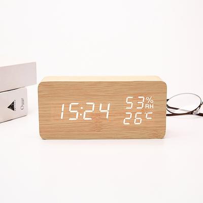 Voice Control Wood Digital Alarm Clock TEMP Humidity Date Night Mode Table Clock 3 Alarms Power Outage Memory 12/24H LED Clock
