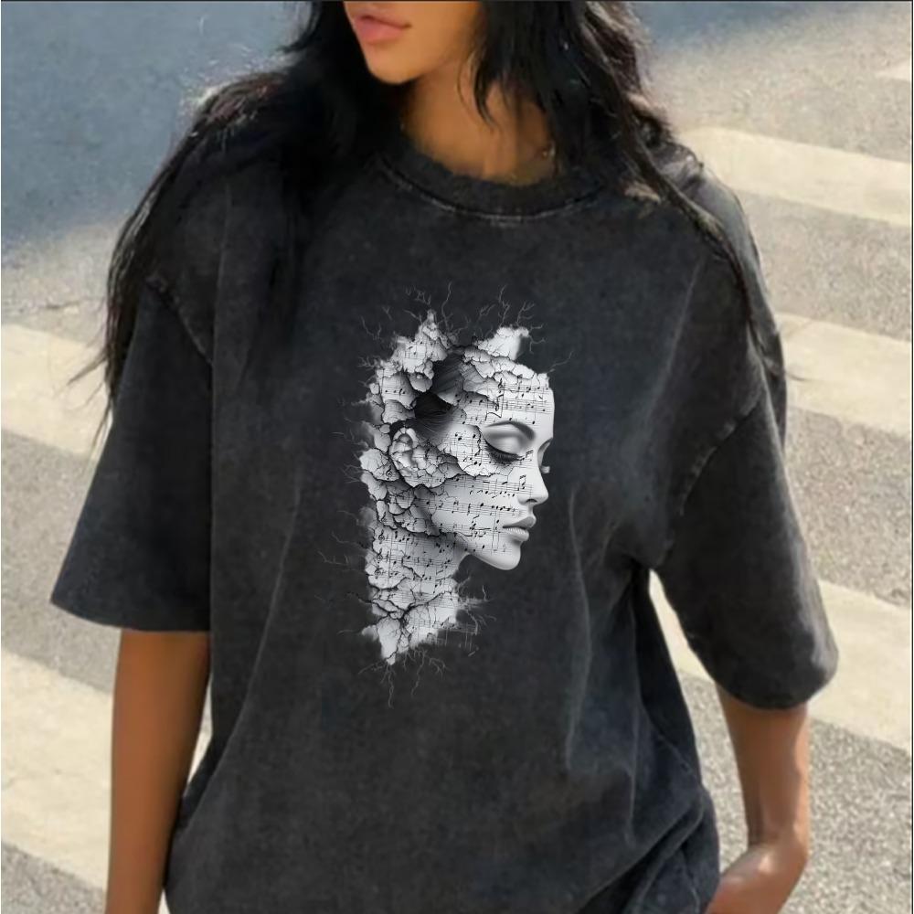 Abstrakt Musiknoter Ansikte Överdimensionerad T-shirt Tvättad Bomull Avslappnad T-shirt Konstnärligt Kvinnoansikte Notblad Grafisk Topp
