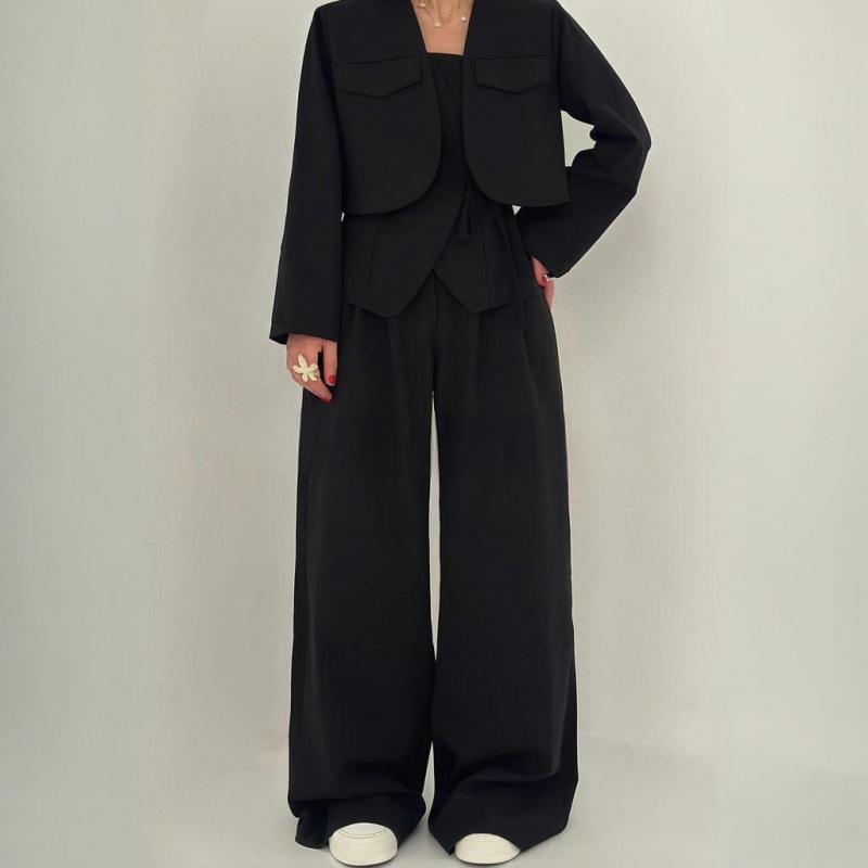 2025 Spring New Cross-border European and American Women's Suit Solid Color Wide-leg Pants Temperament Commuter Fashion Suit