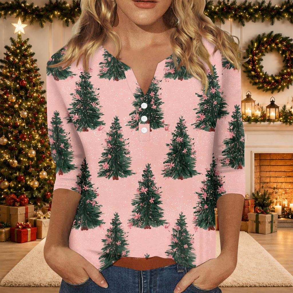 Women's Casual Fashion Christmas Print V-Neck Top with Decorative Buttons and 3/4 Sleeves