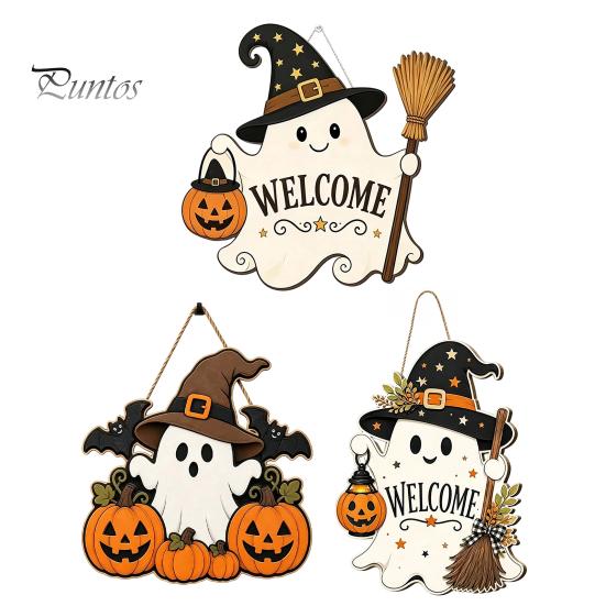 Seasonal Home Accents Halloween Wooden Ghost Welcome Sign for Front Door, Rustic Cartoon Hanging Trick or Treat Plaque with Pumpkin Wizard Hat