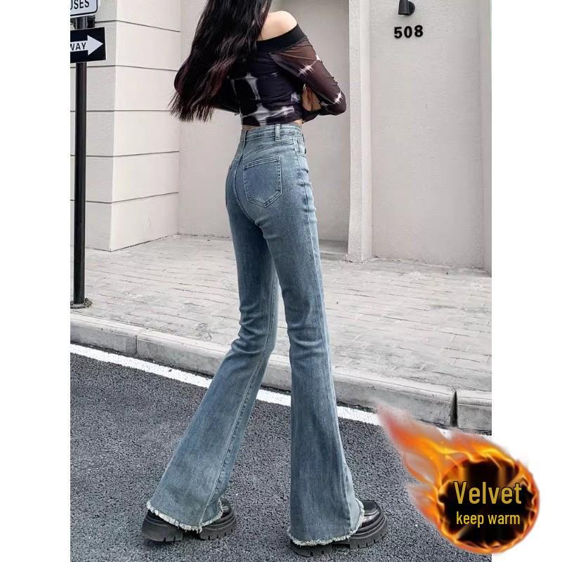 

Women s Winter High-Waisted Retro Fleece Flared Jeans L 54-58 kg