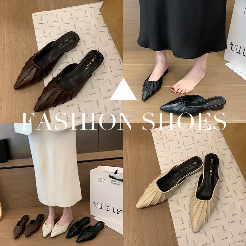 Muller Shoes 2025 Summer New Flat-bottomed Cool Slippers French Bag Head Pointed Head Flat Heel Pleated Half Slippers Women's Outer Wear