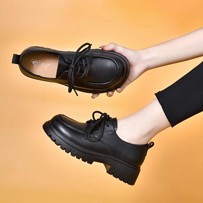Round Head Small Leather Shoes Women's 2025 First-layer Cowhide Lace-up Single Shoes Four-season Shoes Comfortable Soft Leather Loafers