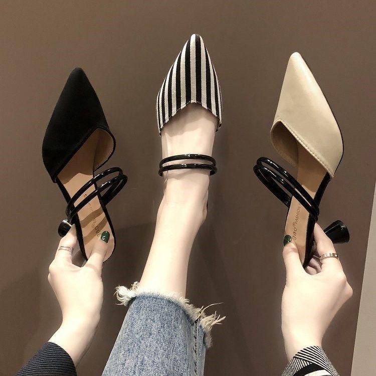 Lazy Pointed Toe Spike Heels Women Sandals Stretch Fabric Air Mesh Mules Solid Color Casual Lady Slides Slip On Outside Shoe
