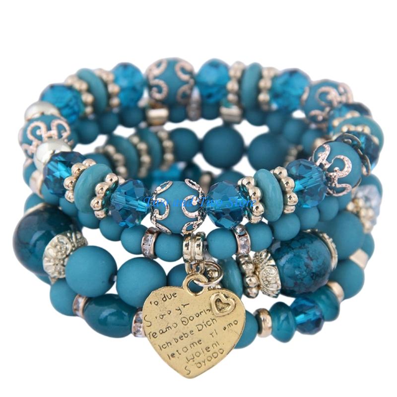 HX6F Ethnic Inspired Elastic Crystal Heart Bracelet With Multilayer Beads And Moving Fringe