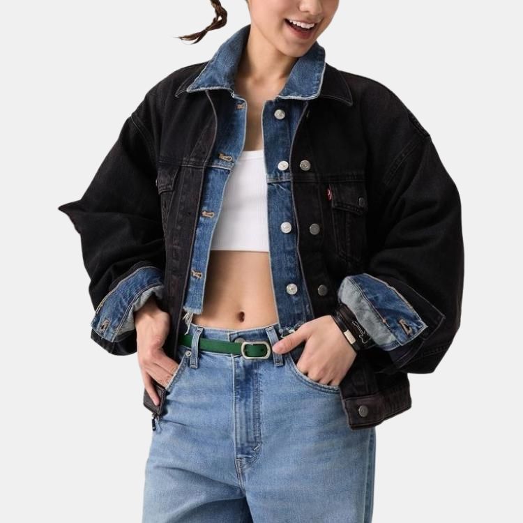 Levis Loose Color Block Lapel Casual Long Sleeve Denim Jacket Women jackets Black 003SX-0000