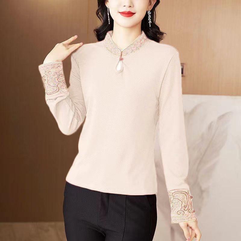 Temperament Embroidered Stand Collar Chinese Style Women's Chinese Retro Literary Long-sleeved Autumn and Winter Bottoming