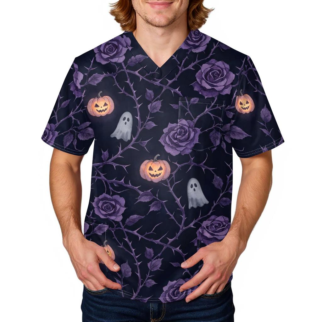 Herren Kurzarm Kasack mit Halloween-Print Arbeitsuniform