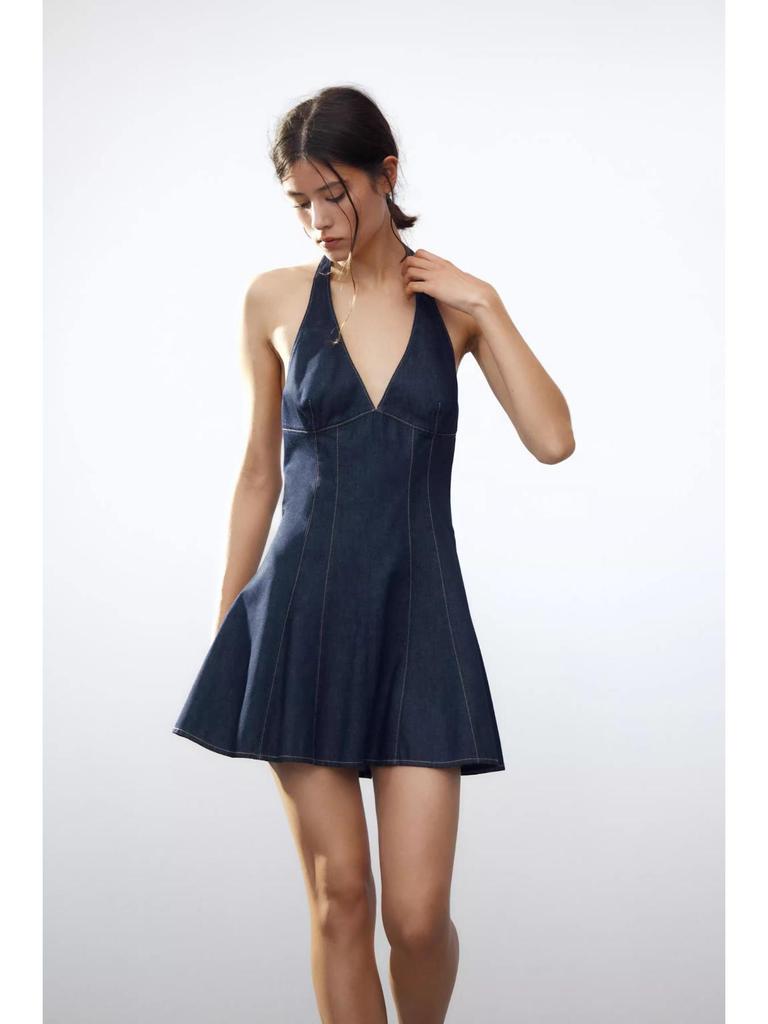 European & American Style Sexy Deep V-Neck Halter Denim Dress - Slim Fit Short Skirt for Women