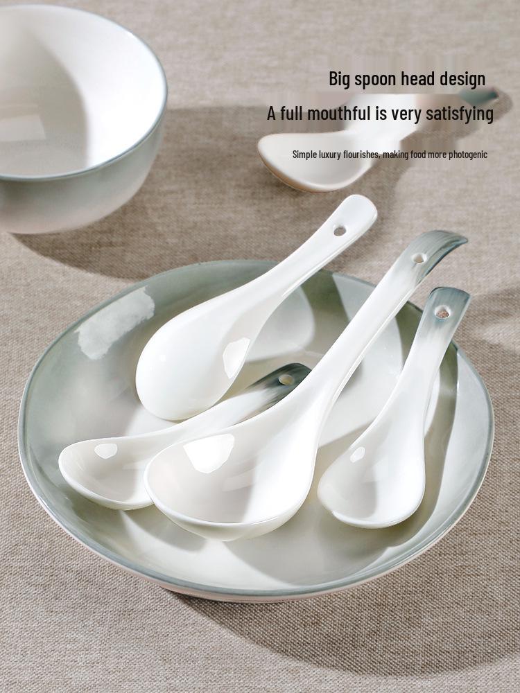 Set of 10 Ceramic Spoons: Perfect for Home Use, Serving Soup, Dining, and Restaurants; Long-Handled and Child-Friendly. Ideal Yan Yu Yao Tableware.