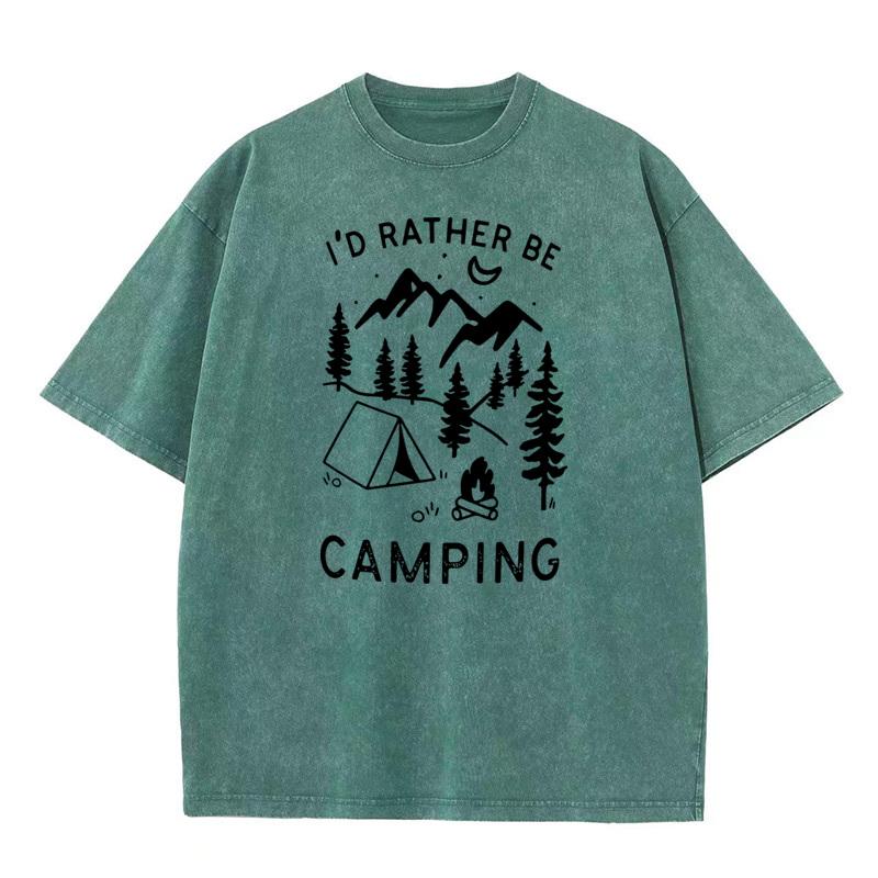 

Id Rather Be Camping vintage Washed T Shirts Loose Mens Christmas Tops Tees Printed Washed Tshirts Round Neck Combed cotton S