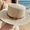 Woven Flat Top Hat Buckle Decorated Band Flat Brim Hat Versatile Straw Hat  Daily Matching