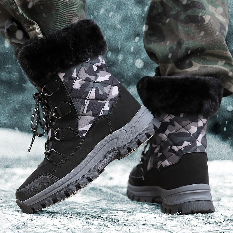 Damen Winterstiefeletten mit Camouflage-Muster, lässig, PU-Canvas, zum Schnüren, warme Baumwollschuhe für den Außenbereich, große hohe Stiefel, dicke rutschfeste Schuhe