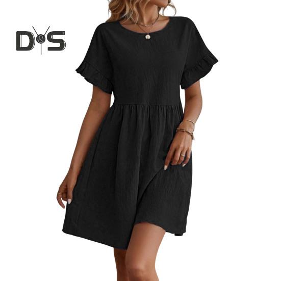 

Летнее мини-платье с оборками, короткими рукавами, О-образным вырезом, плиссированное платье А-силуэта, однотонное платье со свободным подолом для свиданий, шопинга, путешествий S