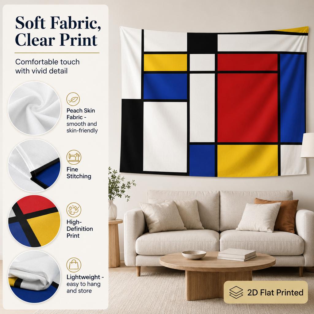 Mondrian Style Modern Abstract Tapestry 2D Flat Printed Peach Skin Geometric Wall Hanging Living Room Bedroom Home Art Backdrop