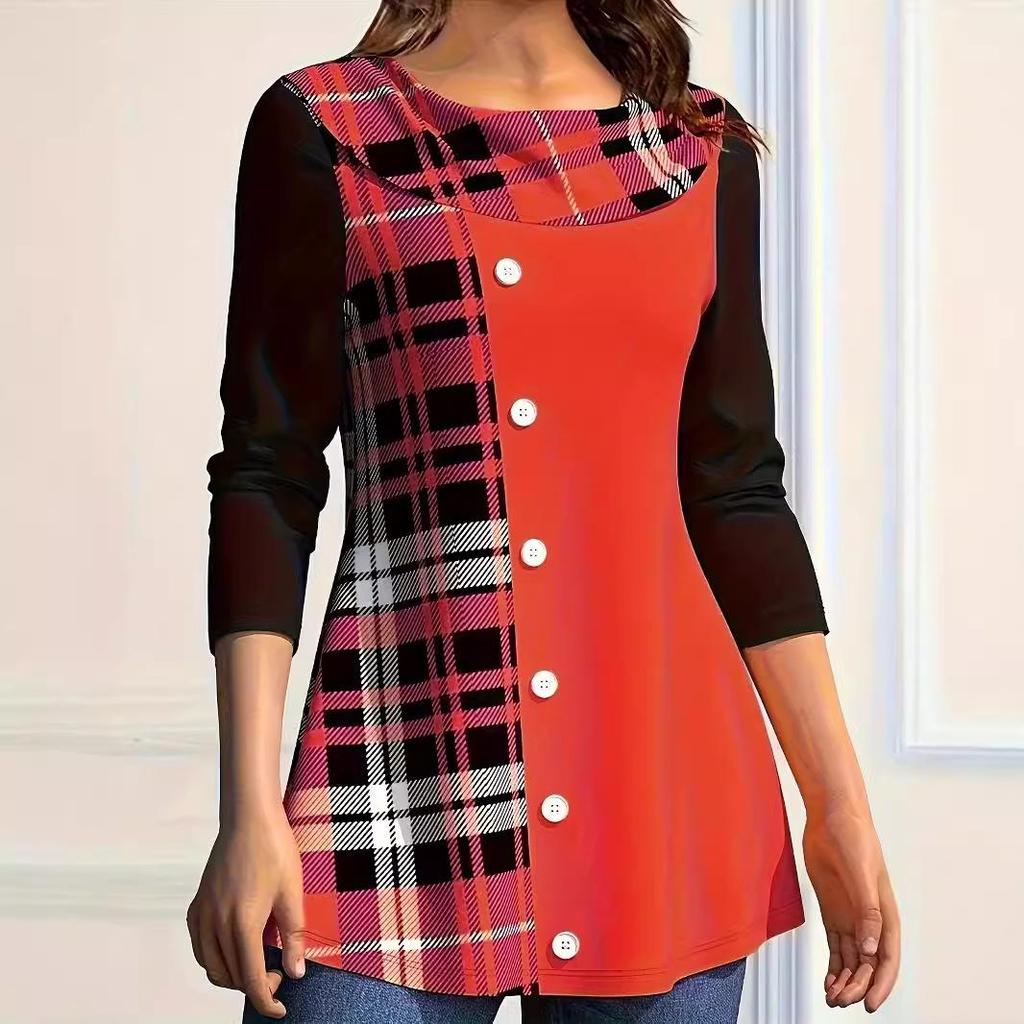 Tricou de damă cu mânecă lungă și guler cu nasturi, mărime plus, toamnă/iarnă 2023