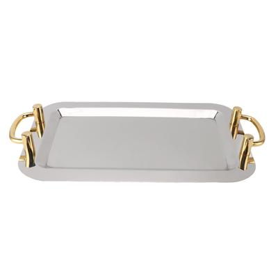 Serviertablett aus Edelstahl Exquisit Elegant Spiegeloberfläche Goldener Tragegriff 304 Edelstahl Speiseteller