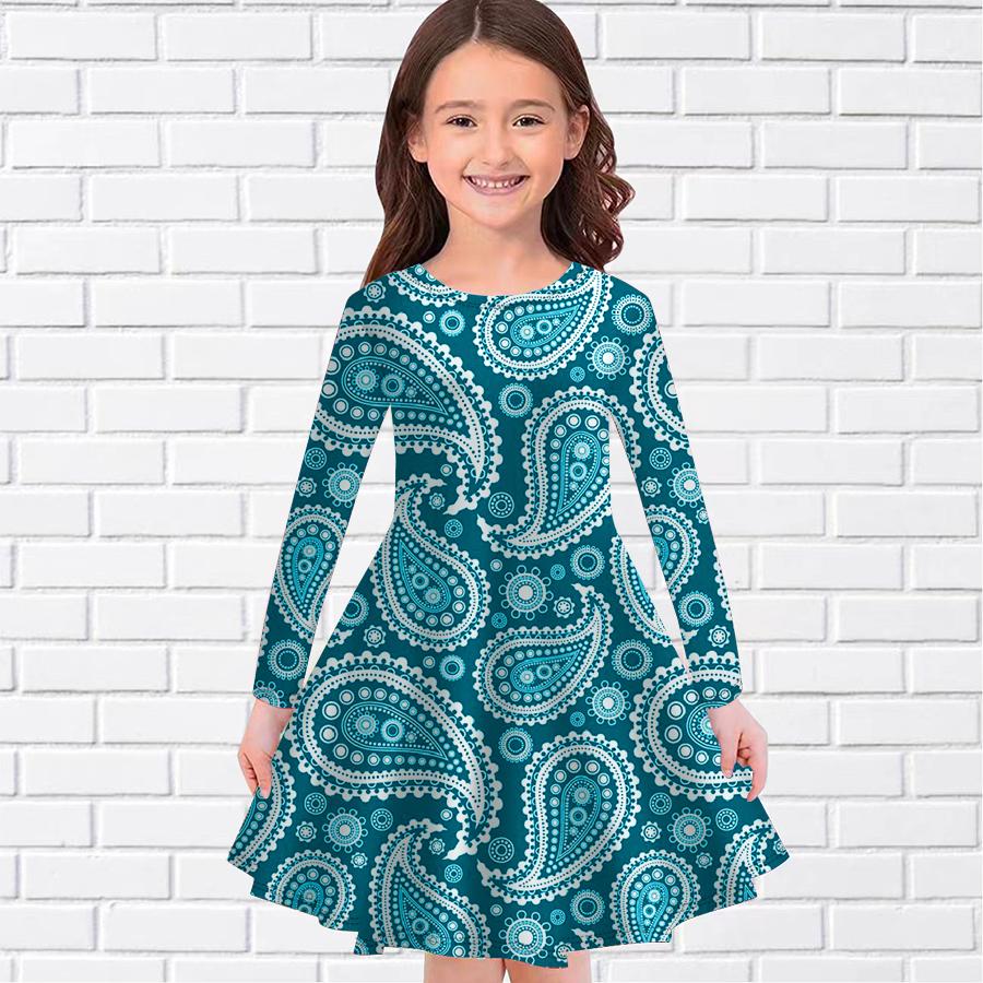 

Girl Casual Big Cashew Nuts Print Round Neck Long Sleeve Dress Kid Princess Dress