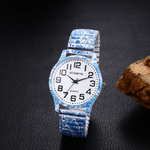 Bohemia Elastic Strap Watch: Easy-to-Read Arabic Numerals, Analog Quartz Movement, Waterproof, Stylish, Unisex, Floral Print, Elastic Strap, Blue 1