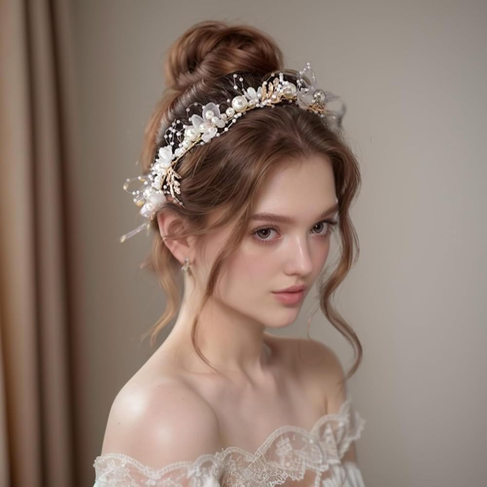 YFFSFDC Flower Crown with Pearl and Crystal Beads, Cute Hair Ornament, Hair Accessory, Headband, Children's Headpiece, for Weddings, Photo Shoots,