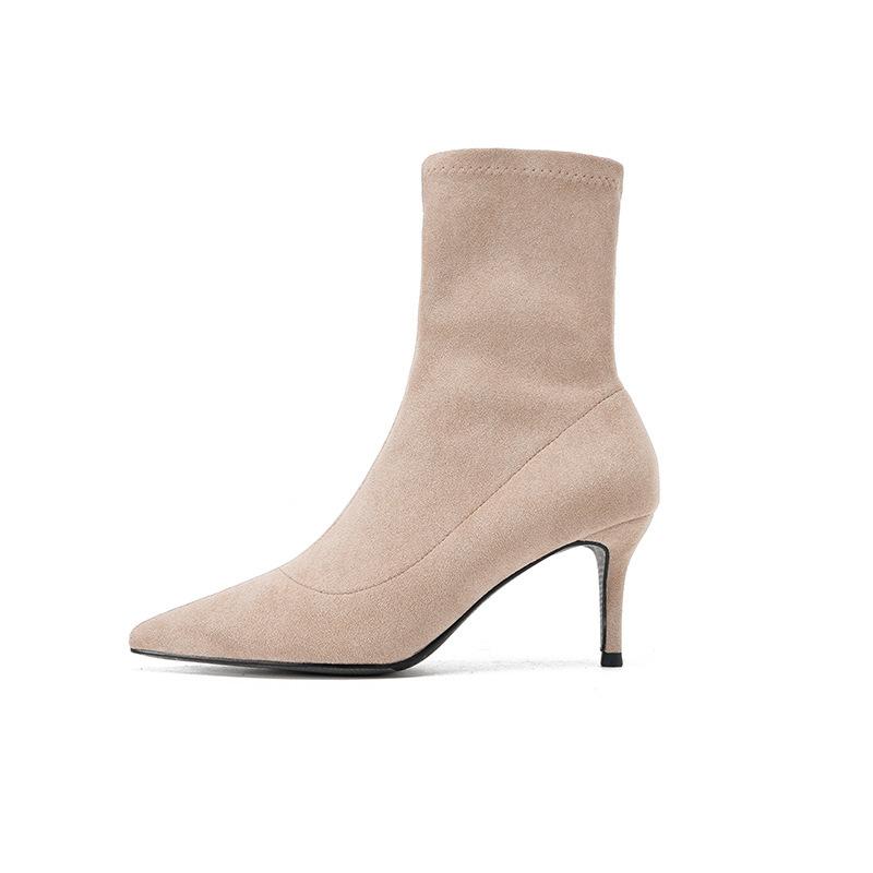 2025 Autumn and Winter New Short Boots Women's High Heel Thin Heel Pointed Black Elastic Thin Boots Versatile Internet Celebrity Medium Single Boots