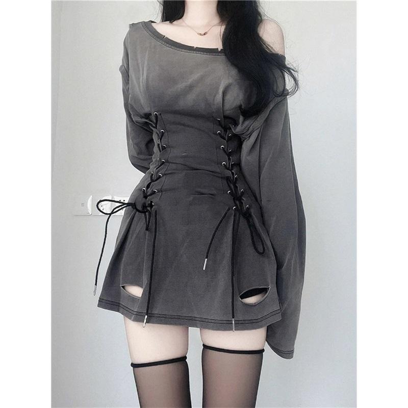 Abito Corsetto Fairycore Grunge Goth Donna Coulisse Harajuku Streetwear Benda Bodycon Stretto Abiti Y2k Donna