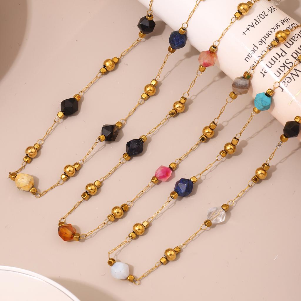 Bohemian 316 Stainless Steel Gold-Plated Ball Beaded Necklace Pink Green Natural Stone Chain Bracelet Set Women's Summer Zircon