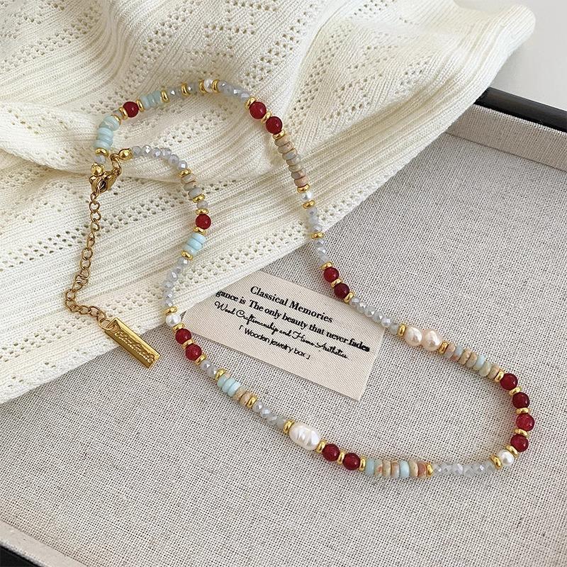 Beaded Gemstone Necklaces for Women Vibrant Summer Bohemian Choker Colorful Pearl Bib Necklace Stackable Lustrous Layers