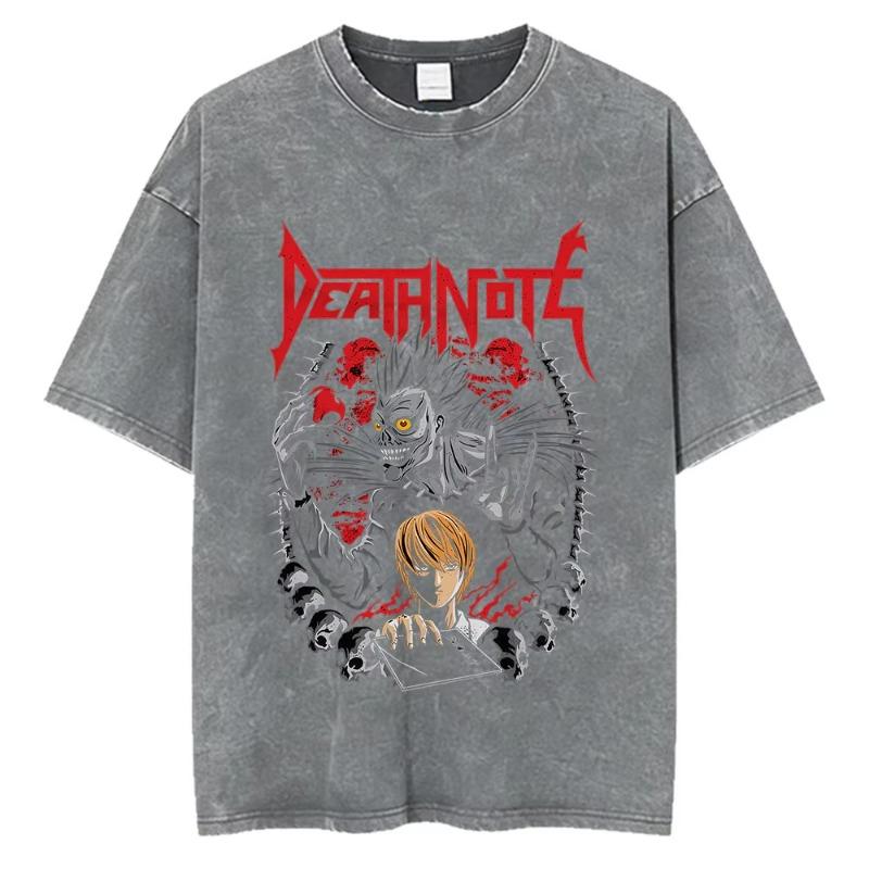Anime Death Note Ryuk Yagami Light Vintage gewaschenes T-Shirt Herrenbekleidung Baumwoll-T-Shirt Mode Kurzarm-T-Shirts Streetwear