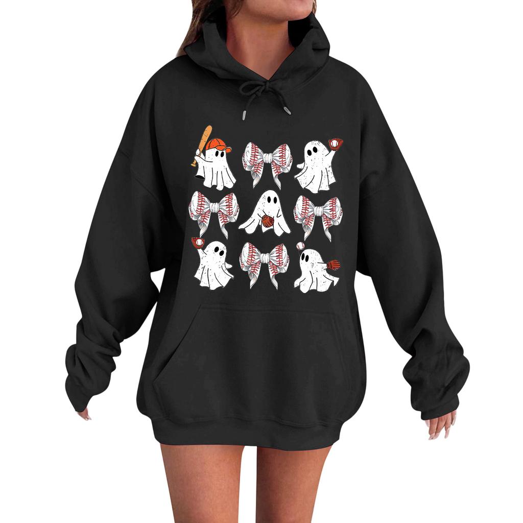 Women's Casual Fashion Comfortable Round Neck With Hood Long Sleeve Halloween Print Warm Sweatshirt