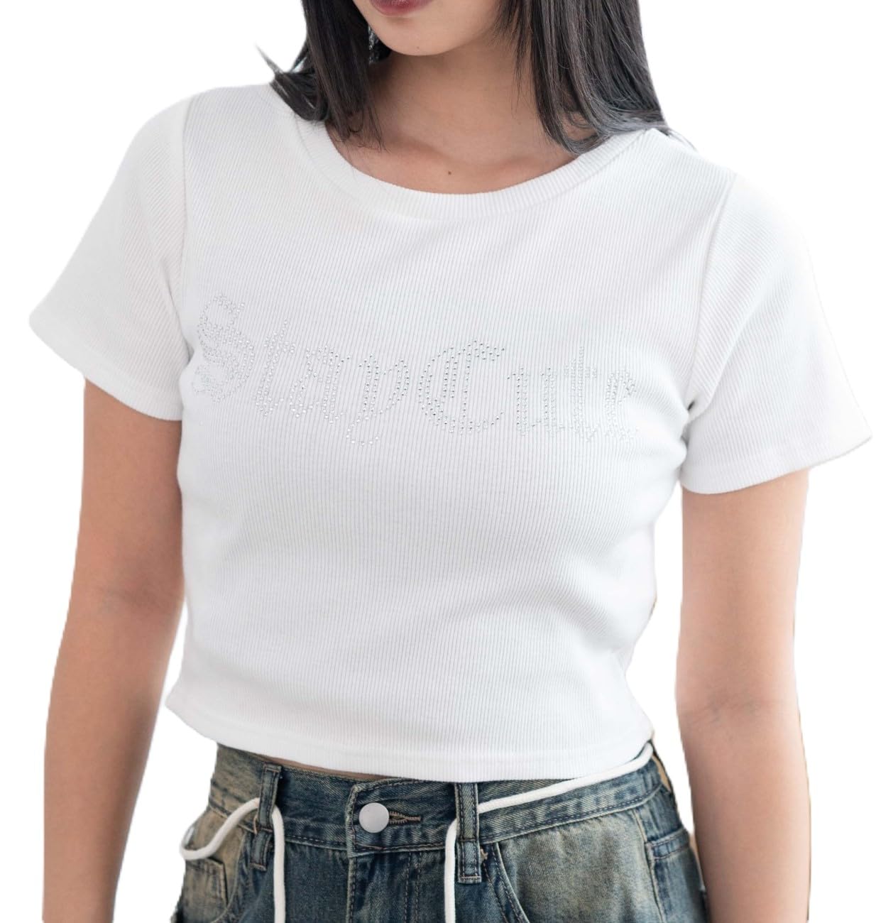 

WEGO Vintage Wash Graphic Ribbed Size White Women s T-Shirt, F, белый