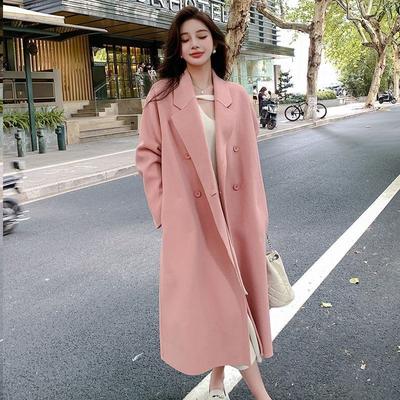 Autumn Winter Women's Korean Style Mid-Length Woolen Outer Wear Student Over-the-Knee Coat Double Breasted Lazy Style Coat